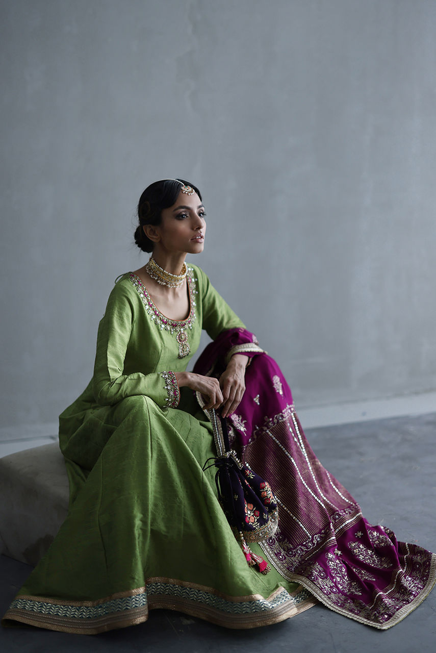 Olive Embroidered Silk Kalidar Dress (3-Piece) - Image 4