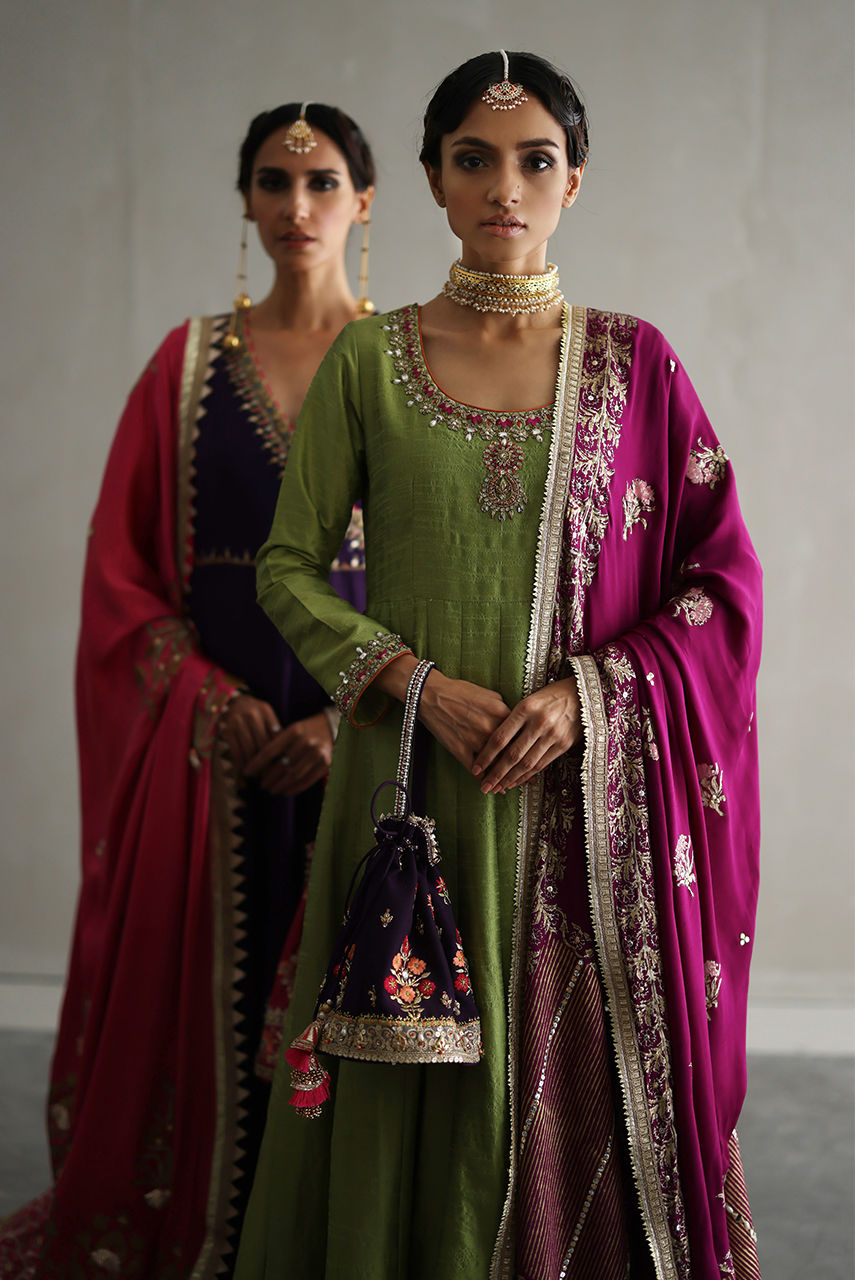 Olive Embroidered Silk Kalidar Dress (3-Piece) - Image 5