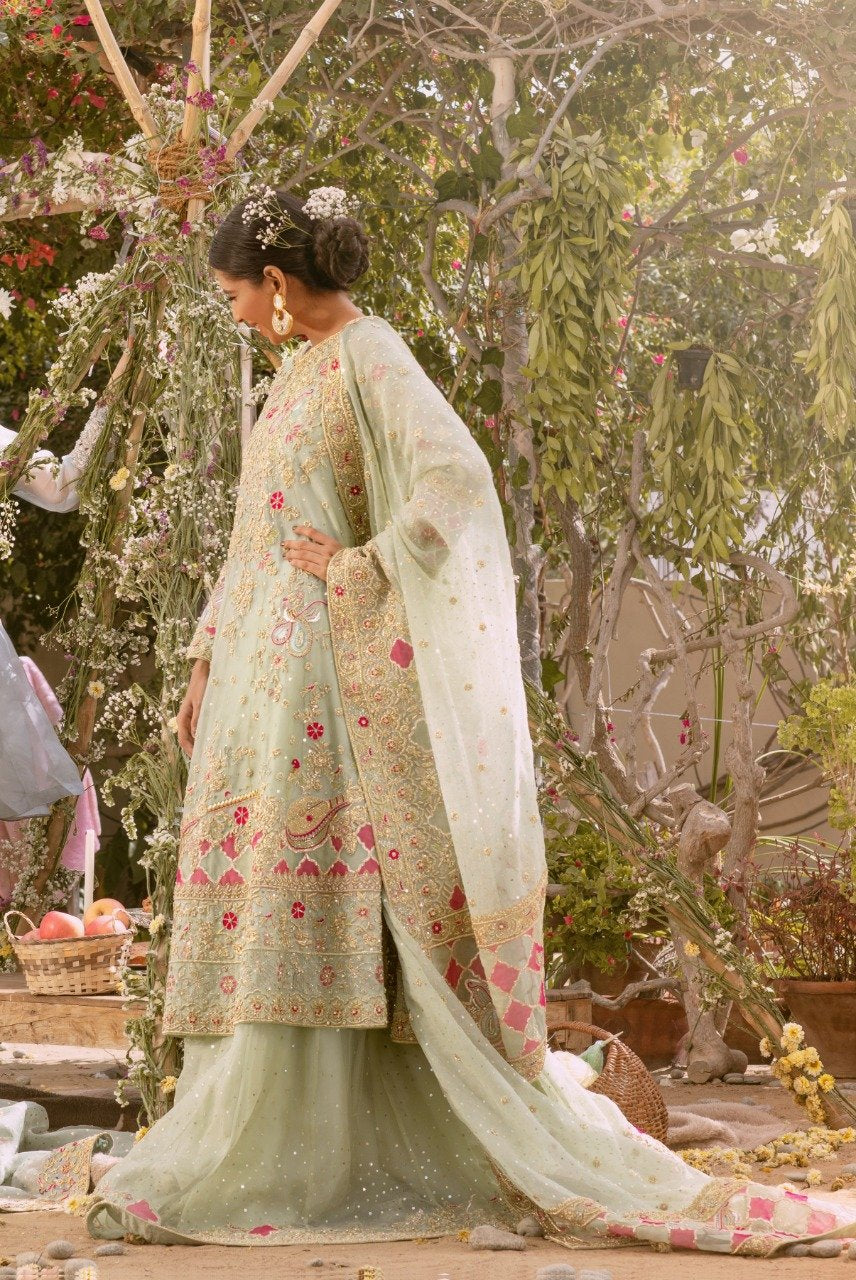 Mint Green Zardosi Silk Kalidaar Bridal Dress (3-Piece) - Image 1