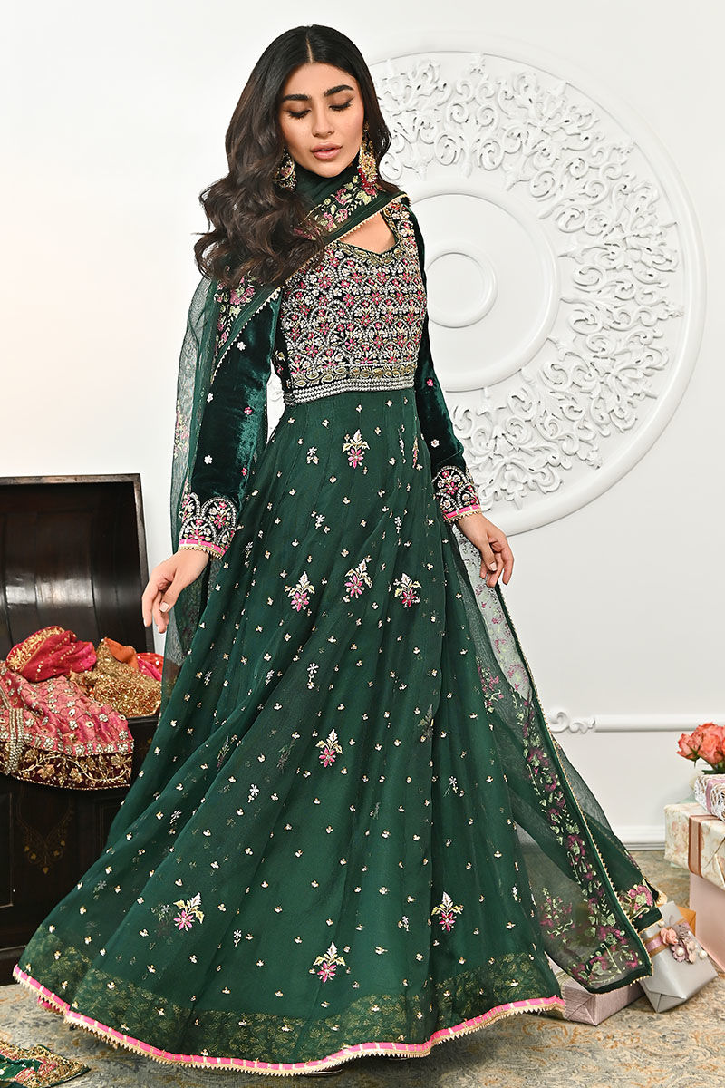 Deep Emerald Green Embroidered Velvet Organza Kalidaar (2-Piece) - Image 3