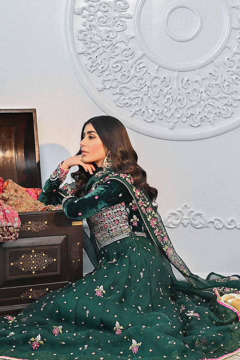 Deep Emerald Green Embroidered Velvet Organza Kalidaar (2-Piece) - Image 5
