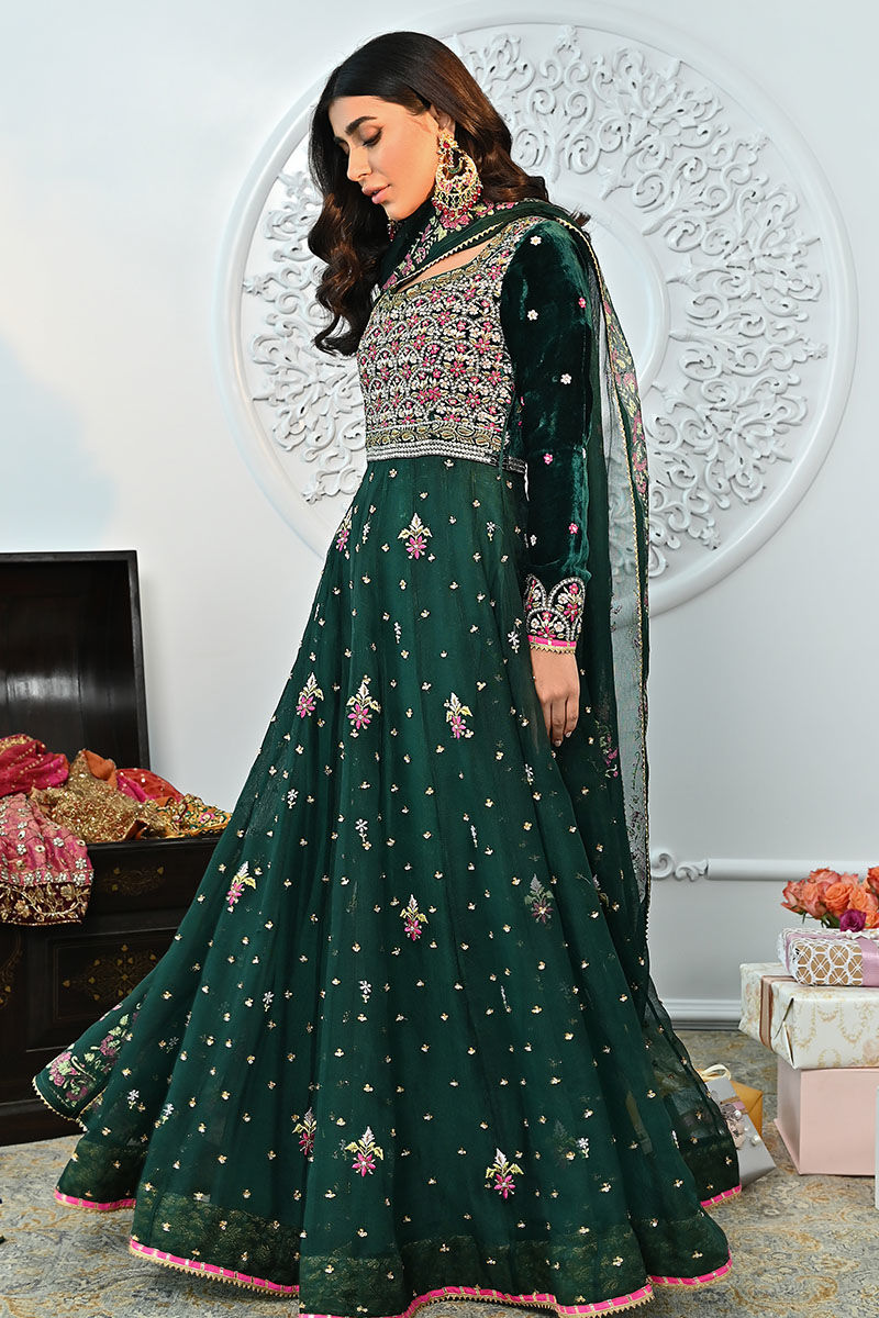 Deep Emerald Green Embroidered Velvet Organza Kalidaar (2-Piece) - Image 6