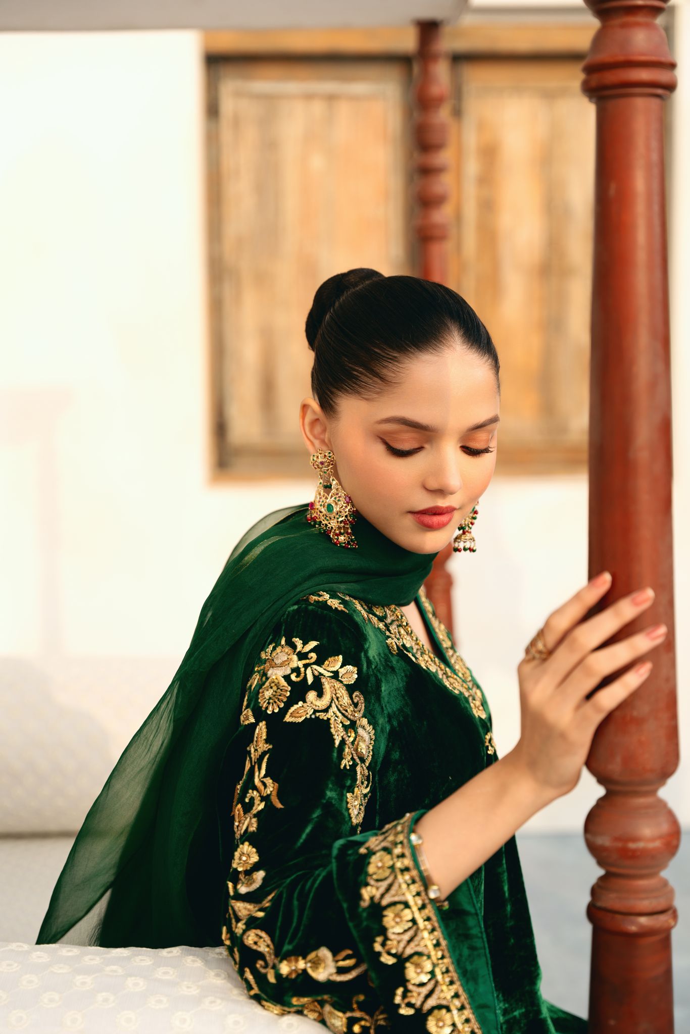 Poison Green Hand-Embellished Velvet Kalidaar (3-Piece) - Image 2