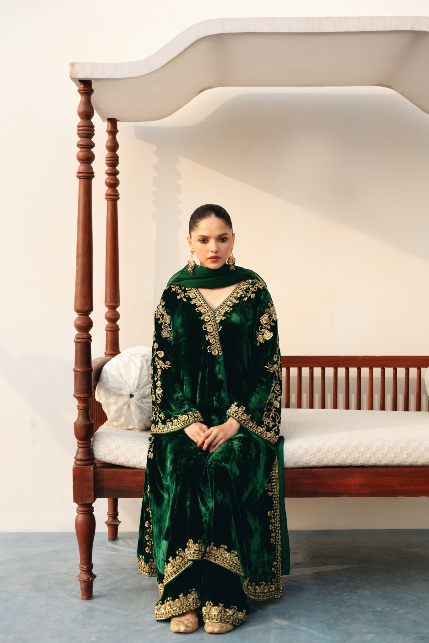 Poison Green Hand-Embellished Velvet Kalidaar (3-Piece) - Image 3