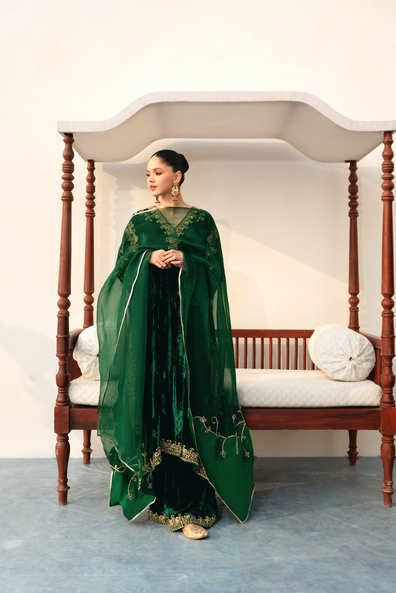 Poison Green Hand-Embellished Velvet Kalidaar (3-Piece) - Image 4