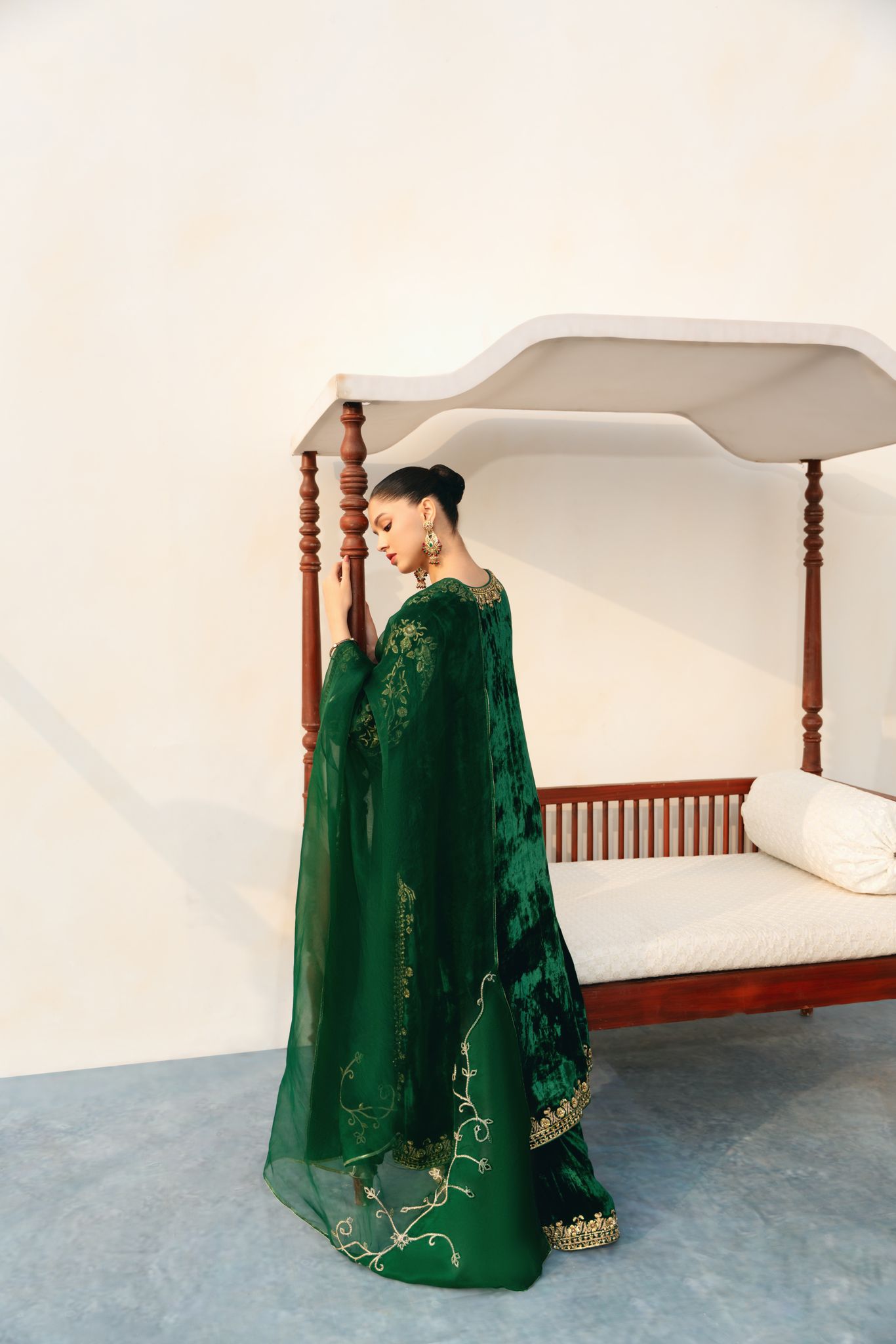 Poison Green Hand-Embellished Velvet Kalidaar (3-Piece) - Image 7