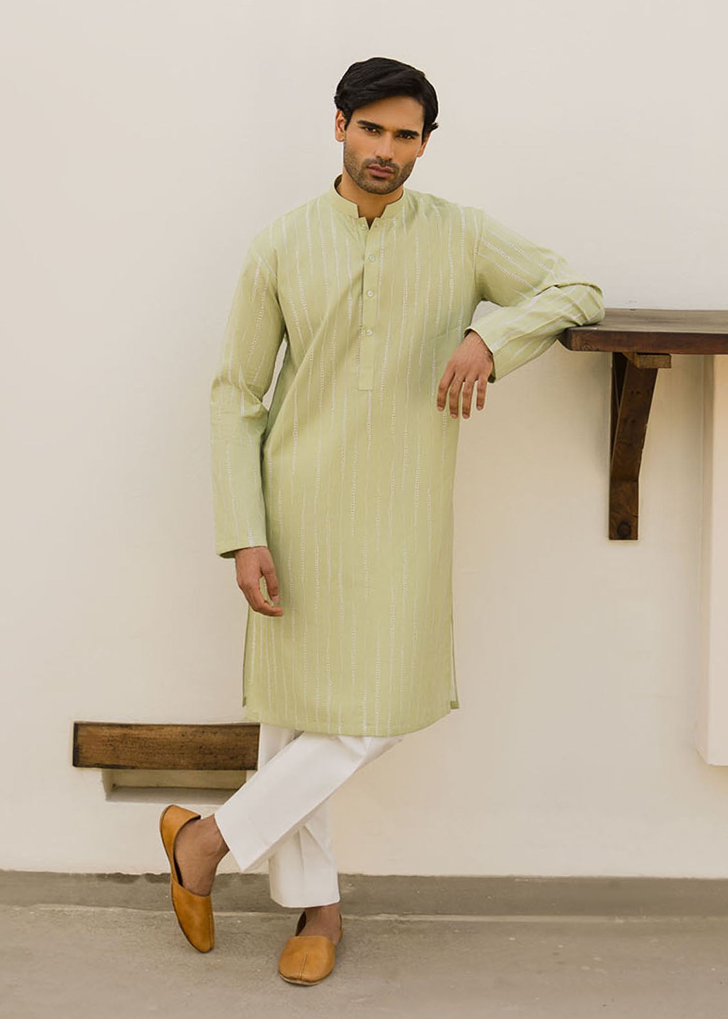 Tea Green Embroidered Cambric Cotton Kurta (2-Piece) - Image 1