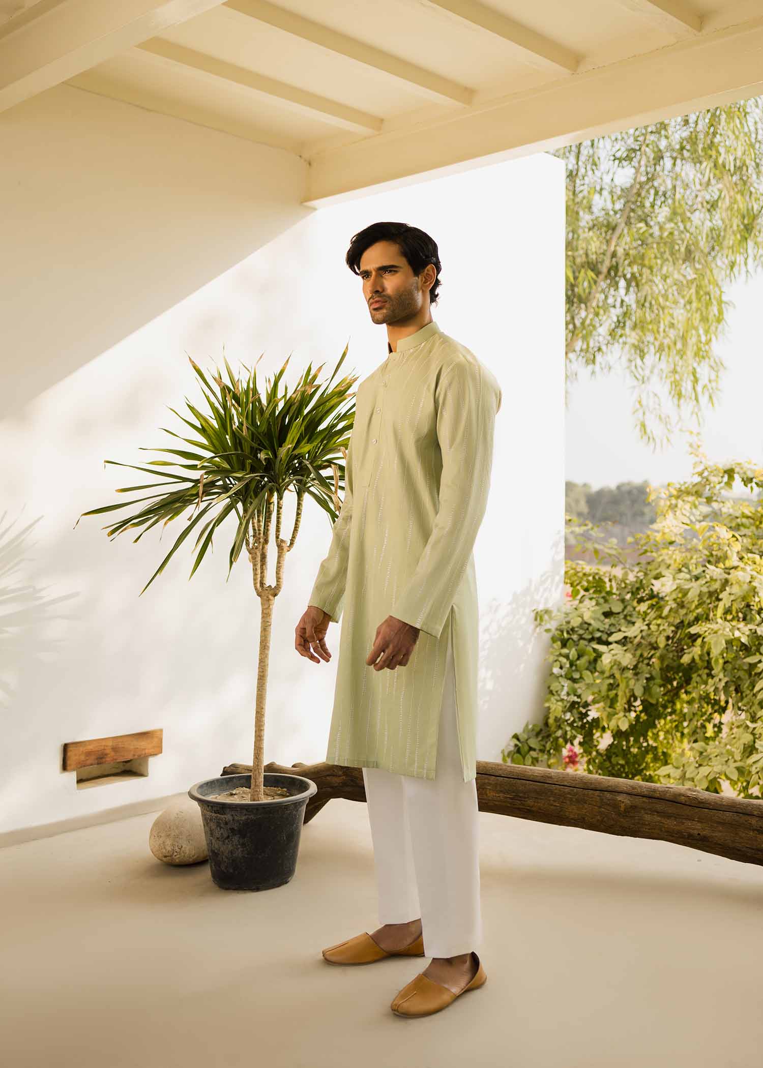 Tea Green Embroidered Cambric Cotton Kurta (2-Piece) - Image 2