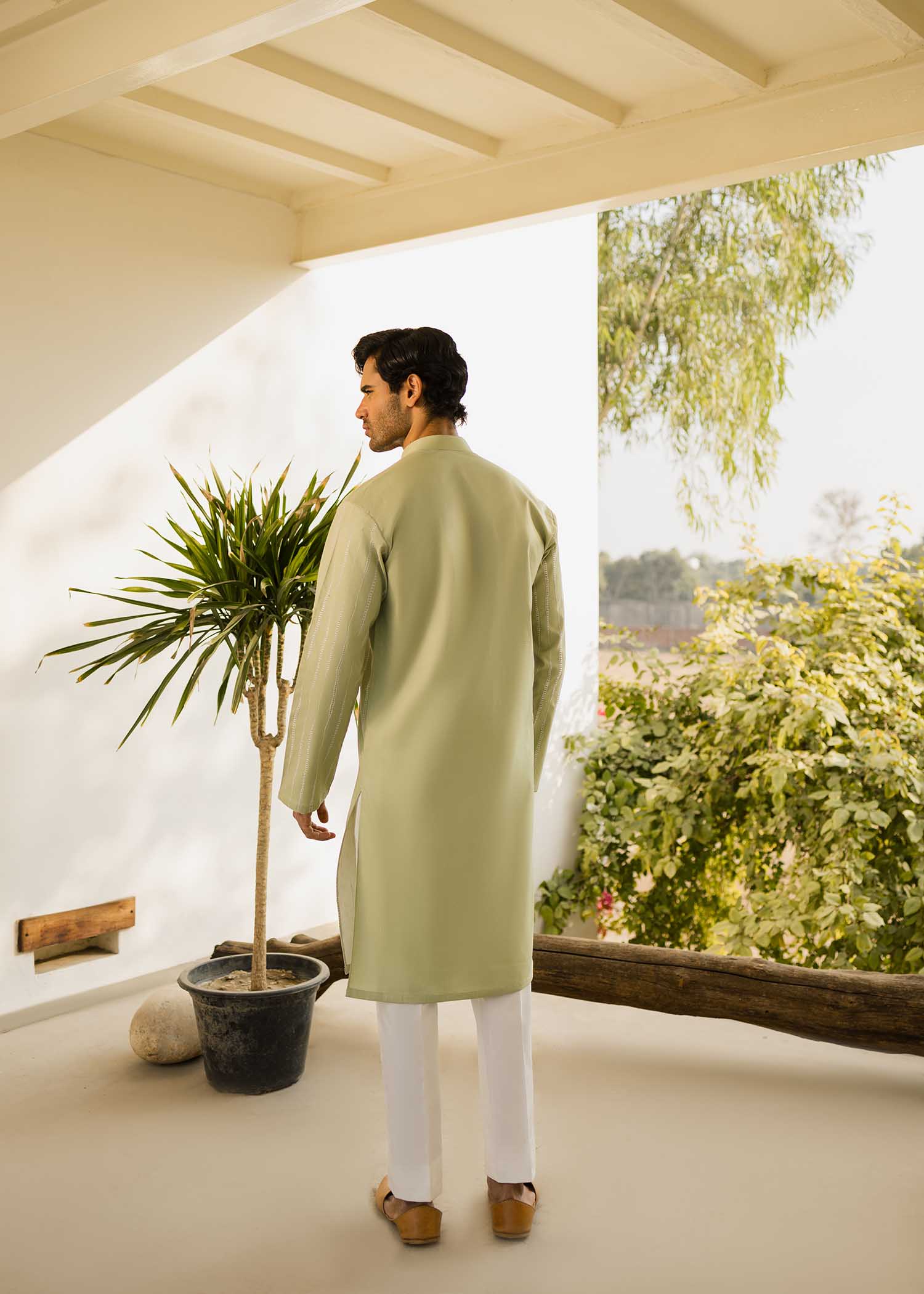 Tea Green Embroidered Cambric Cotton Kurta (2-Piece) - Image 3