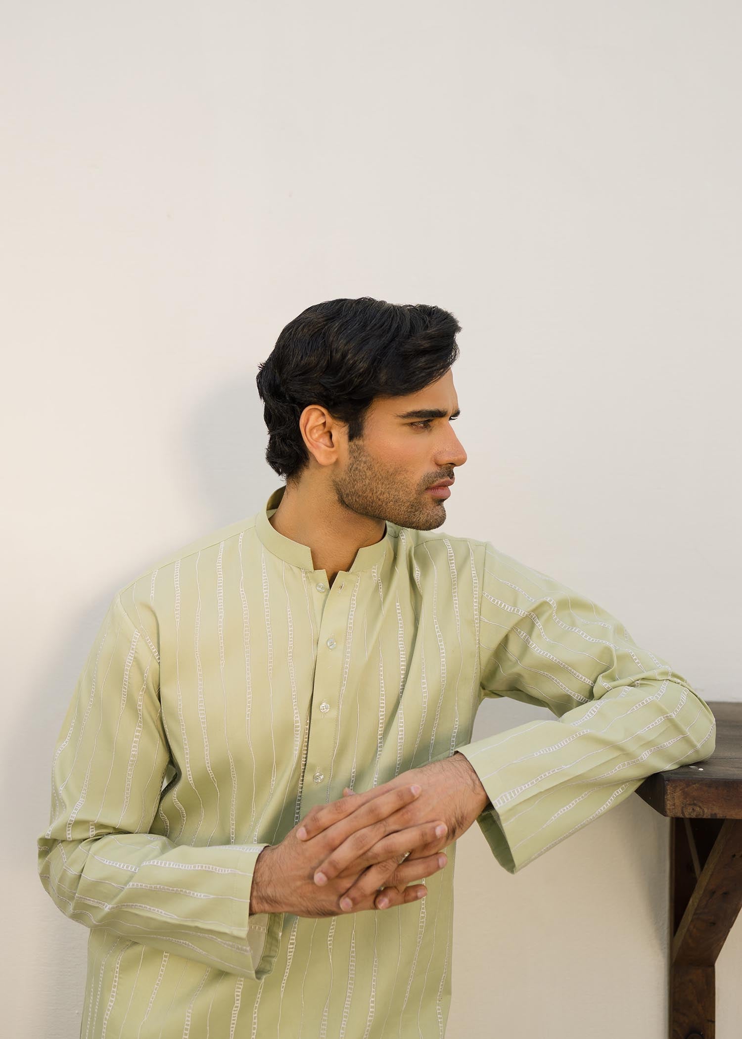 Tea Green Embroidered Cambric Cotton Kurta (2-Piece) - Image 4