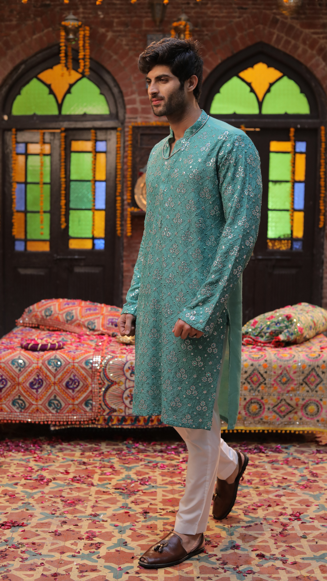Sea Green Embroidered Chanderi Groom's Kurta (2-Piece) - Image 1