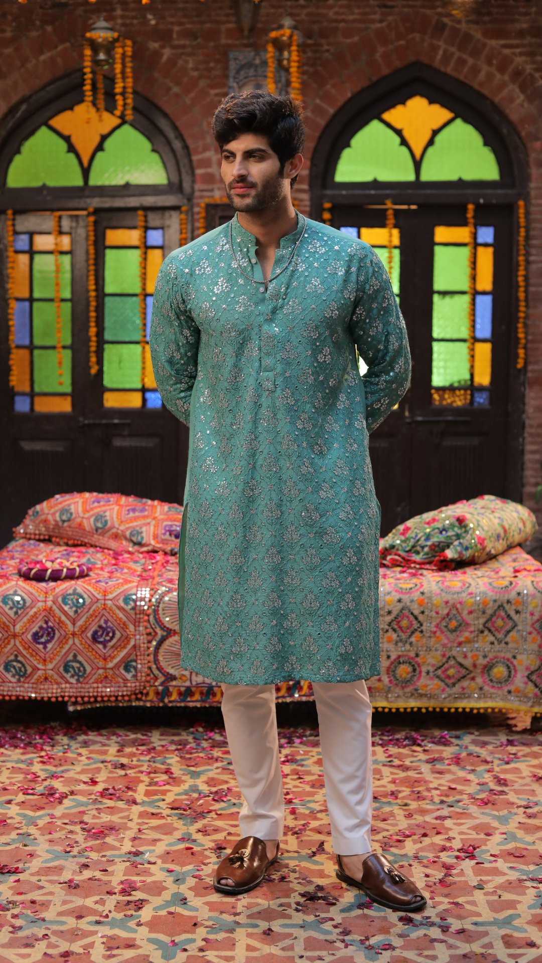 Sea Green Embroidered Chanderi Groom's Kurta (2-Piece) - Image 2