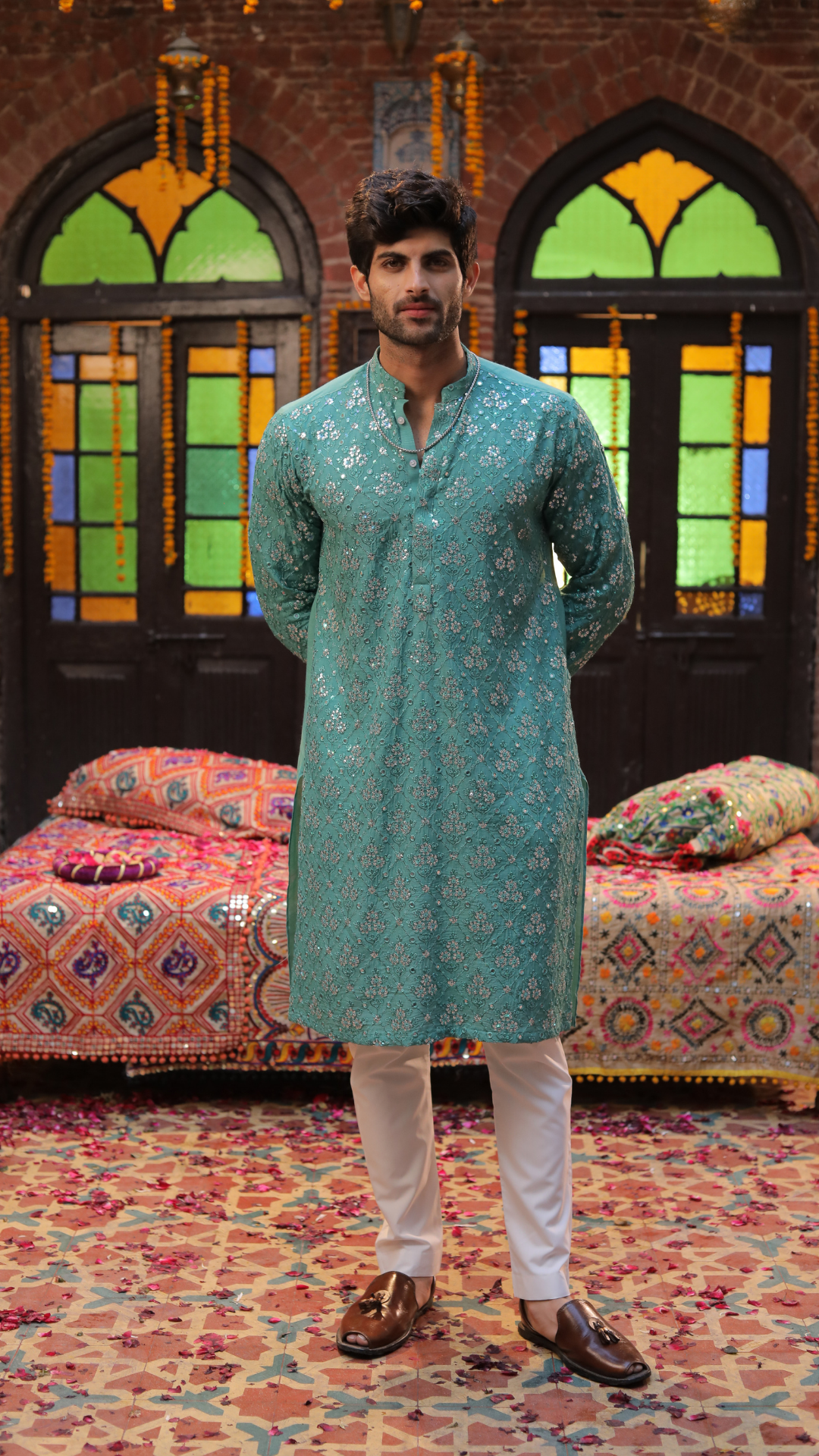 Sea Green Embroidered Chanderi Groom's Kurta (2-Piece) - Image 3