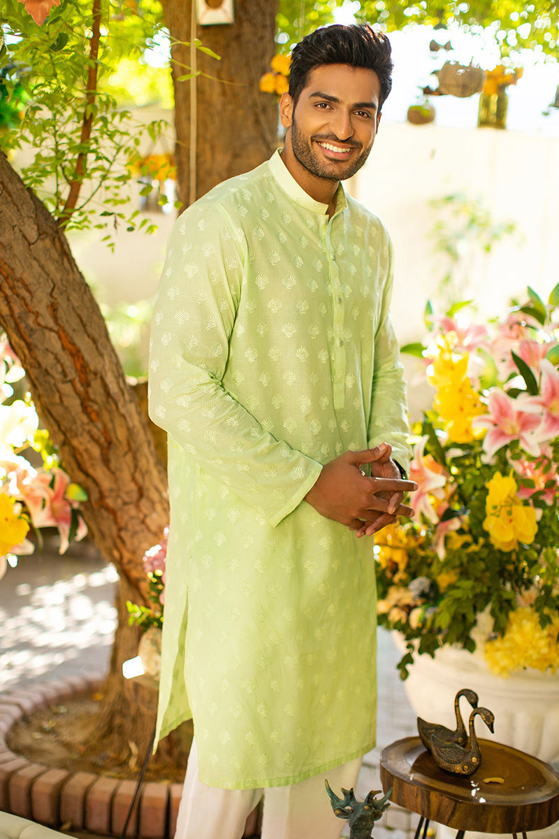 Mint Green Chikan Embroidered Cotton Kurta (2-Piece) - Image 1