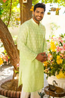 Mint Green Chikan Embroidered Cotton Kurta (2-Piece) - Image 2