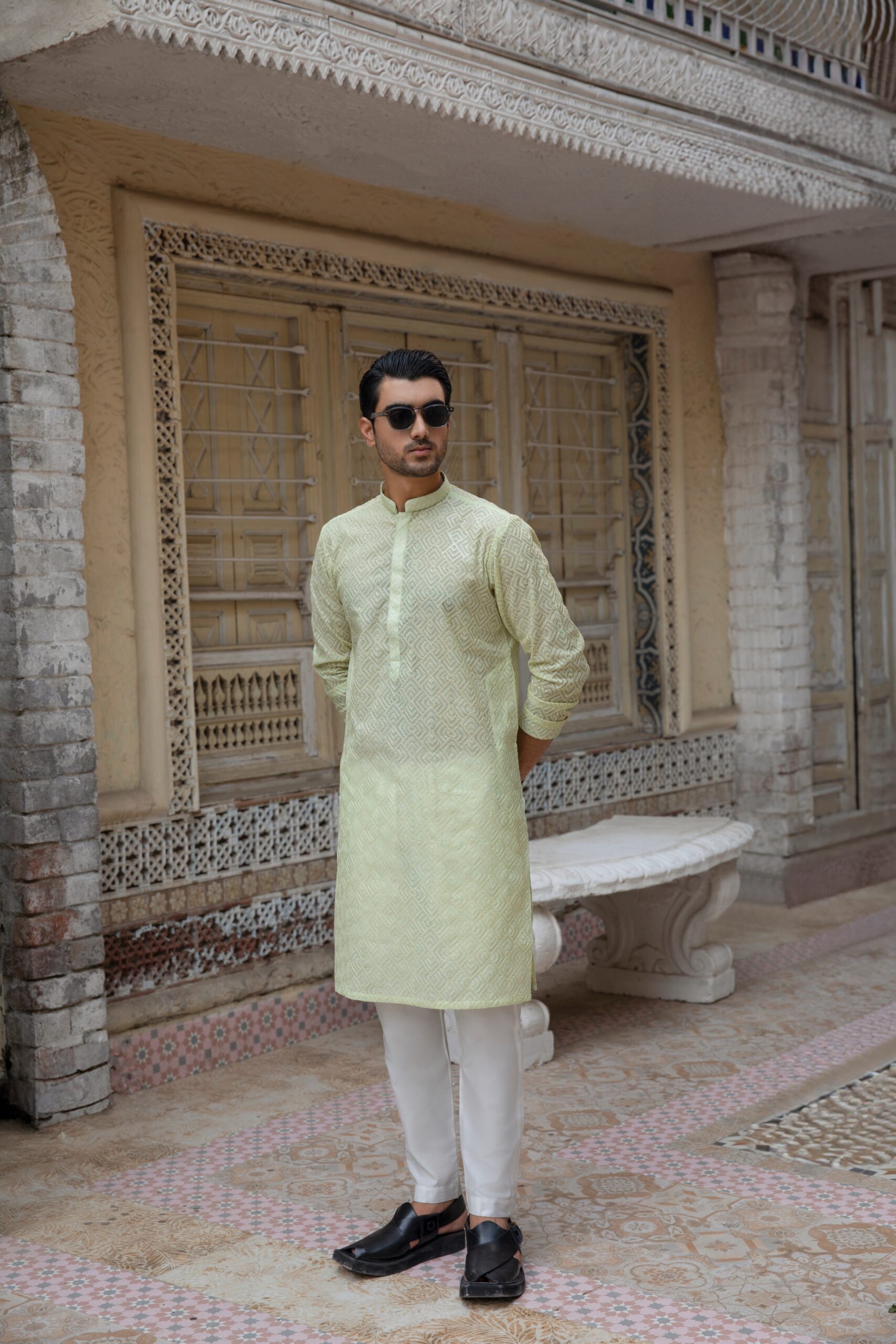 Mint Green Chikankari Embroidered Cotton-Silk Kurta (2-Piece) - Image 1