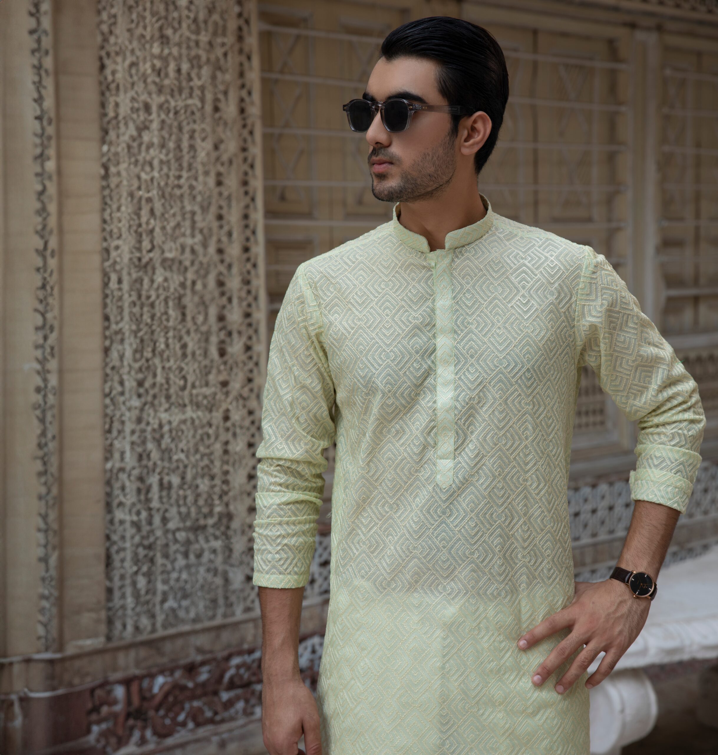 Mint Green Chikankari Embroidered Cotton-Silk Kurta (2-Piece) - Image 4