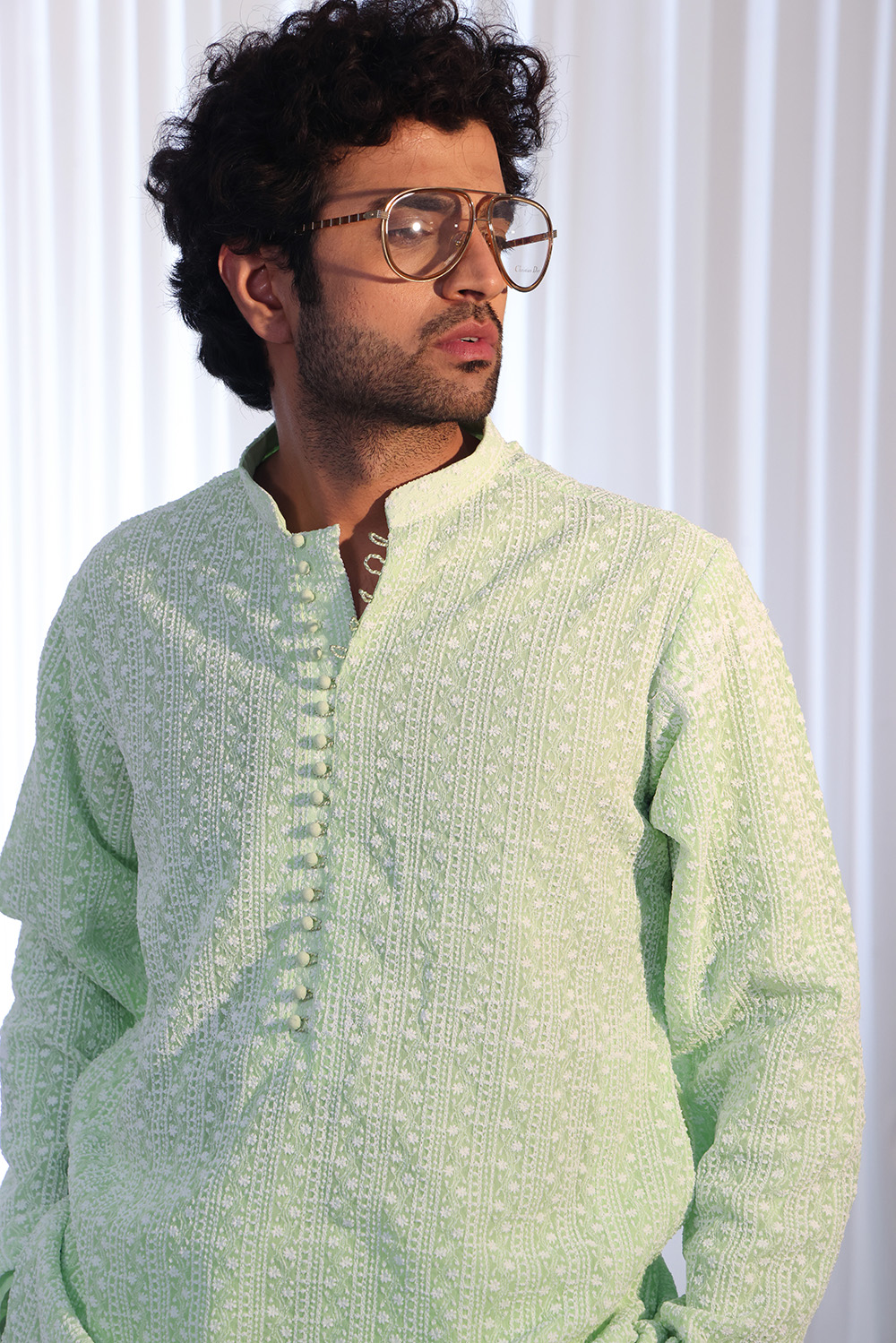 Glacial Green Embroidered Cotton-Silk Kurta (1-Pc) - Image 1