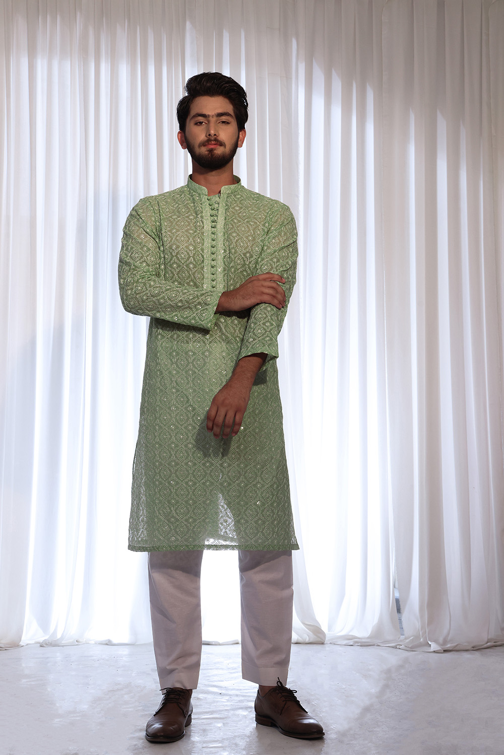 Mint Green Geometric Embroidered Cotton Kurta (2-Piece) - Image 1