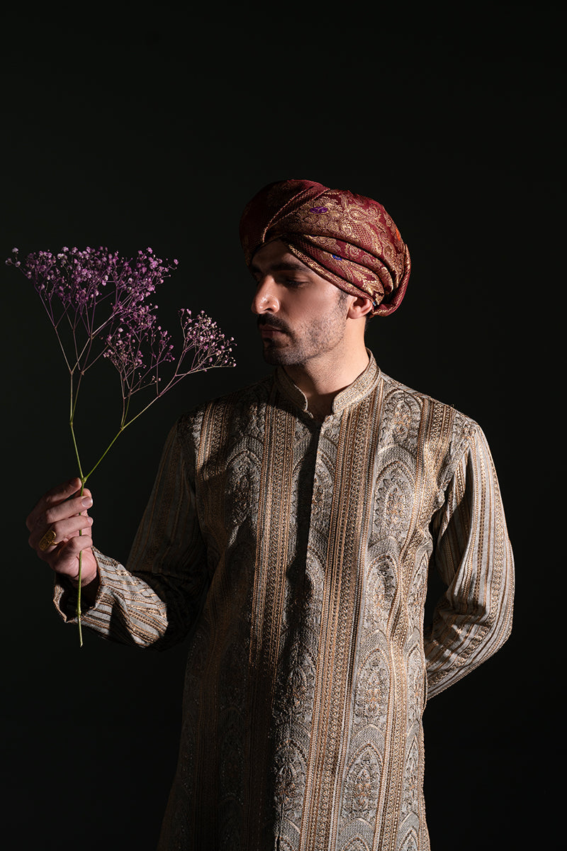 Sage Green Embroidered Handloom Kurta Pajama (2-Piece) - Image 3