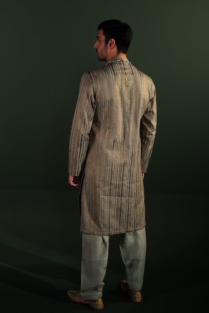 Sage Green Embroidered Handloom Kurta Pajama (2-Piece) - Image 4