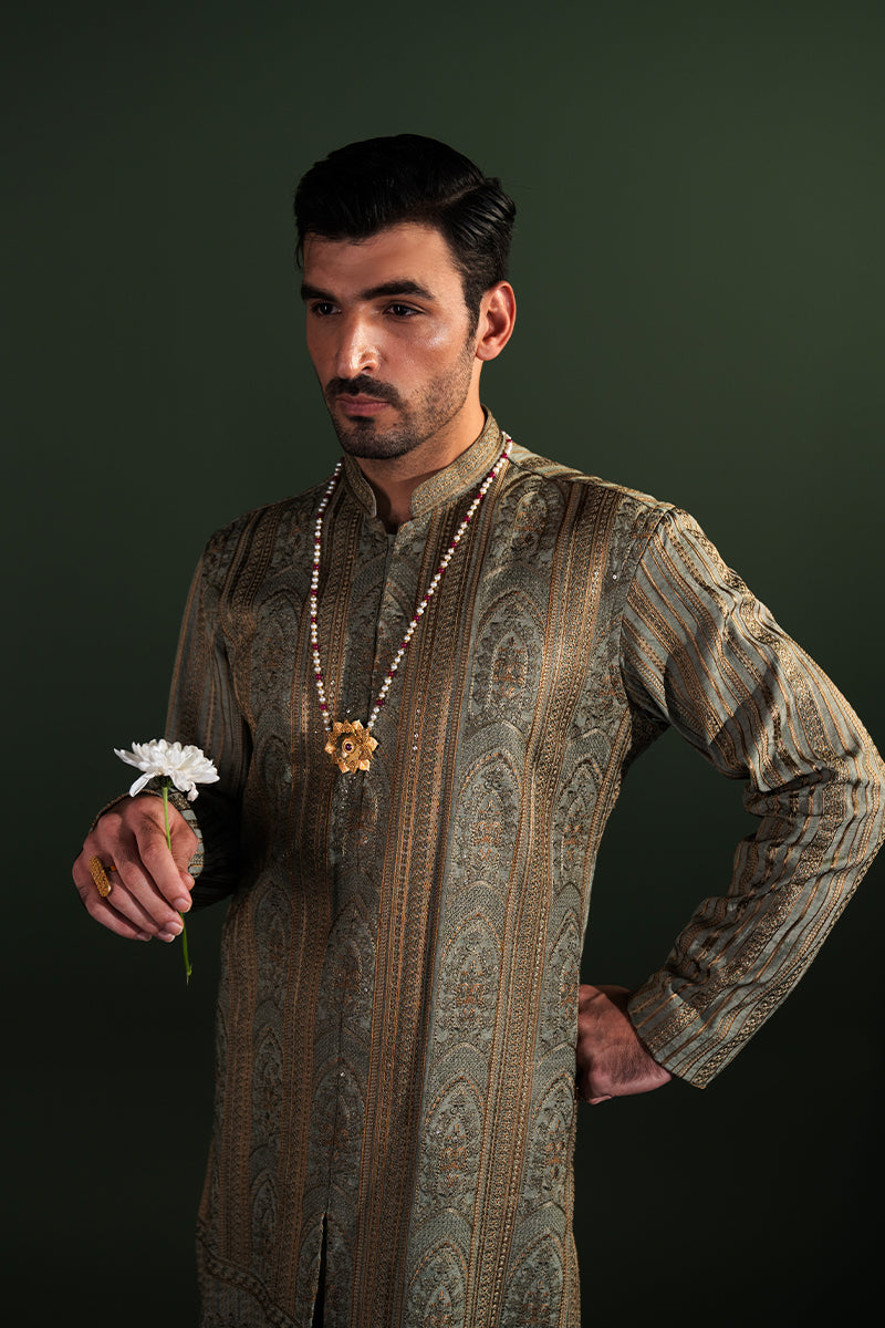 Sage Green Embroidered Handloom Kurta Pajama (2-Piece) - Image 2