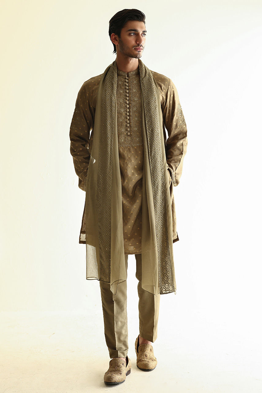 Olive Embroidered Jacquard Kurta Set (3-Piece) - Image 2