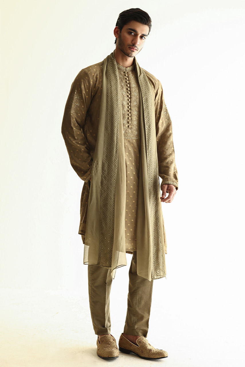 Olive Embroidered Jacquard Kurta Set (3-Piece) - Image 3