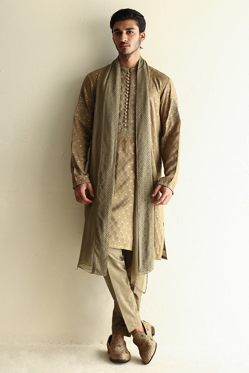 Olive Embroidered Jacquard Kurta Set (3-Piece) - Image 4