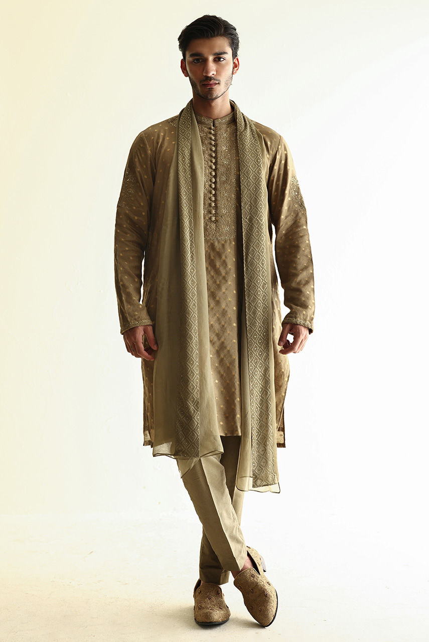 Olive Embroidered Jacquard Kurta Set (3-Piece) - Image 5