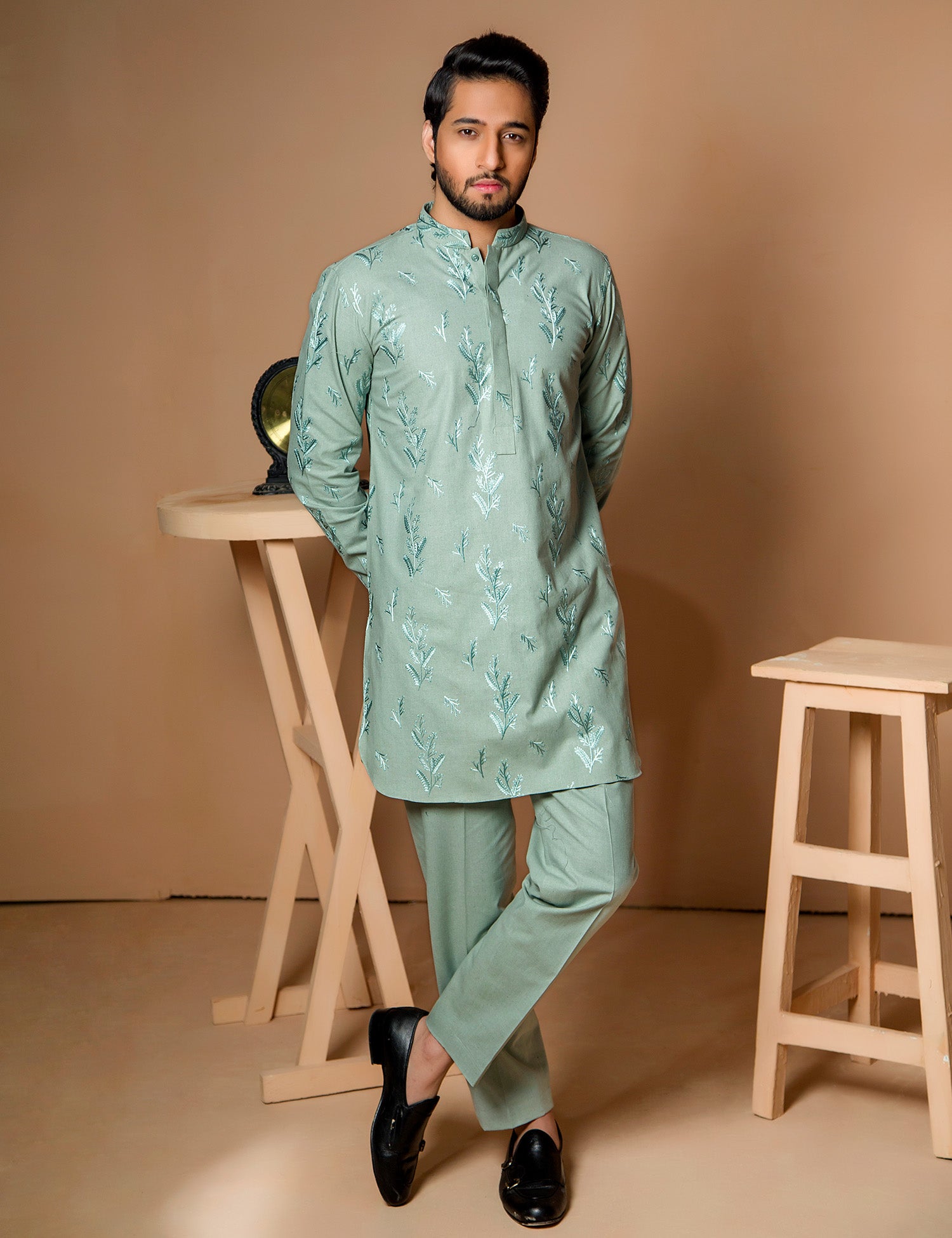 Light Green Embroidered Karandi Kurta Set (2-Piece) - Image 1