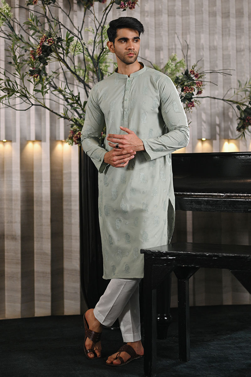 Sage Green Self-Embroidered Cotton-Blend Kurta Pajama (2-Piece) - Image 1