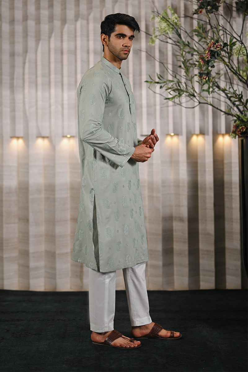 Sage Green Self-Embroidered Cotton-Blend Kurta Pajama (2-Piece) - Image 2