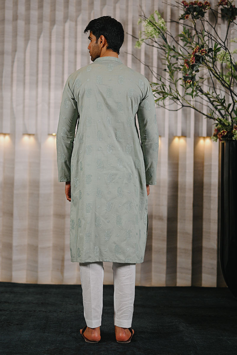 Sage Green Self-Embroidered Cotton-Blend Kurta Pajama (2-Piece) - Image 3