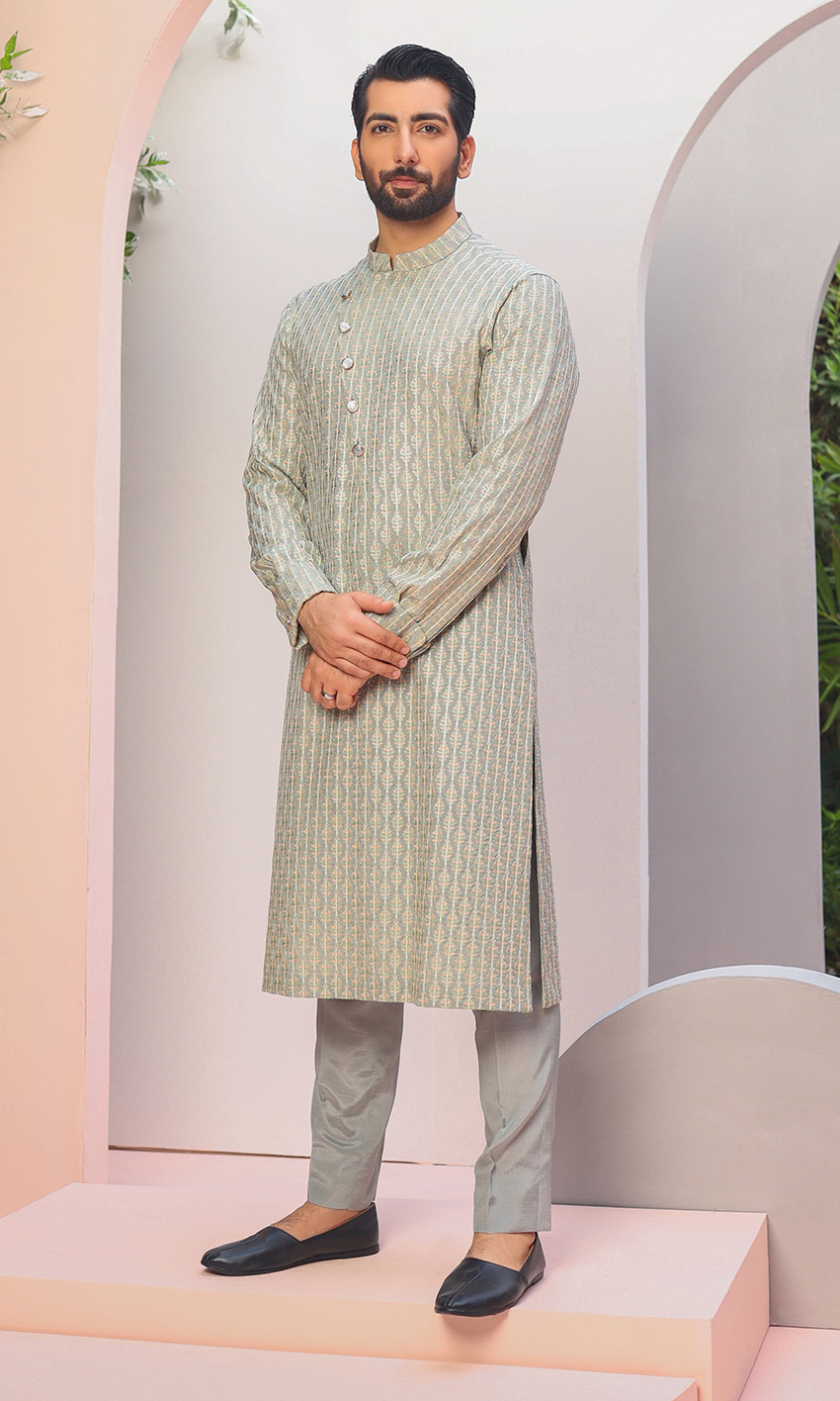 Sage Green Jacquard Kurta Pajama (2-Piece) - Image 1