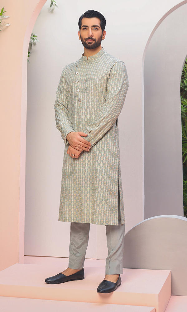 Sage Green Jacquard Kurta Pajama (2-Piece) - Image 2