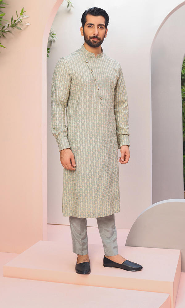 Sage Green Jacquard Kurta Pajama (2-Piece) - Image 3