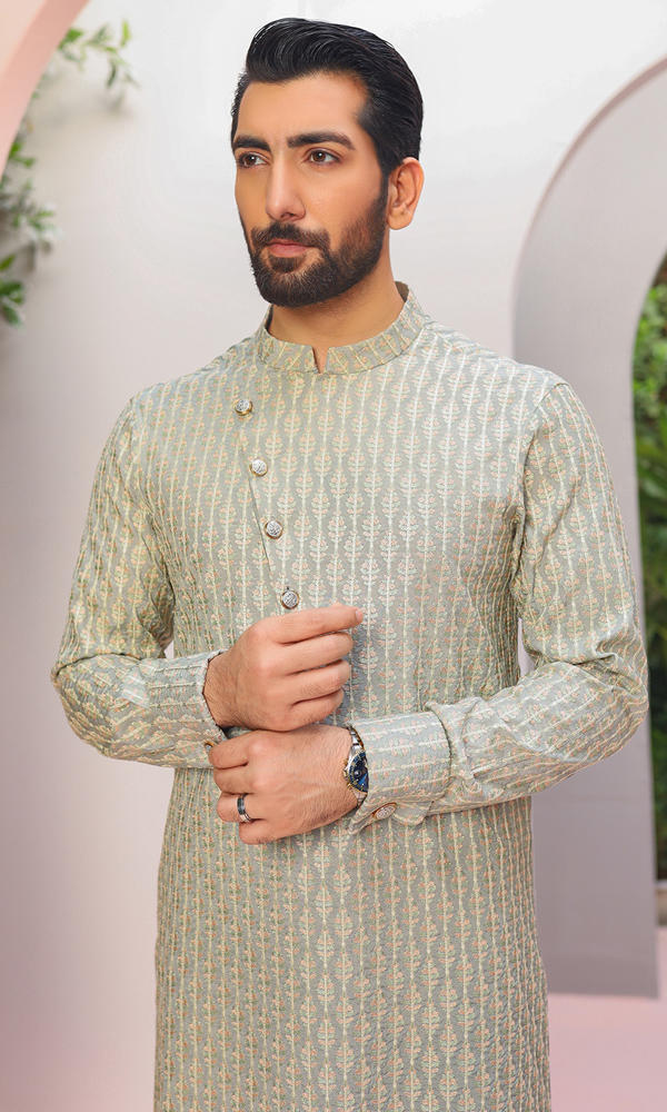 Sage Green Jacquard Kurta Pajama (2-Piece) - Image 4