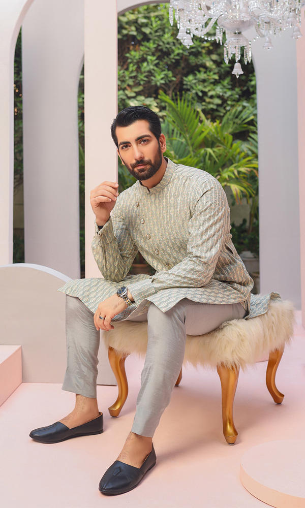 Sage Green Jacquard Kurta Pajama (2-Piece) - Image 5