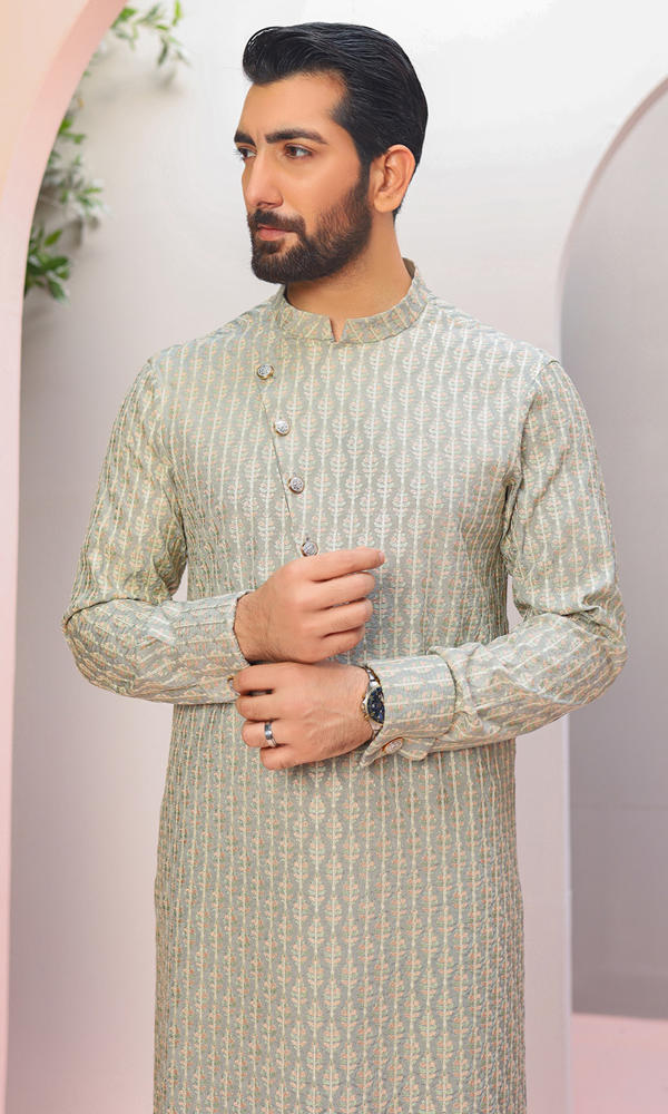 Sage Green Jacquard Kurta Pajama (2-Piece) - Image 6