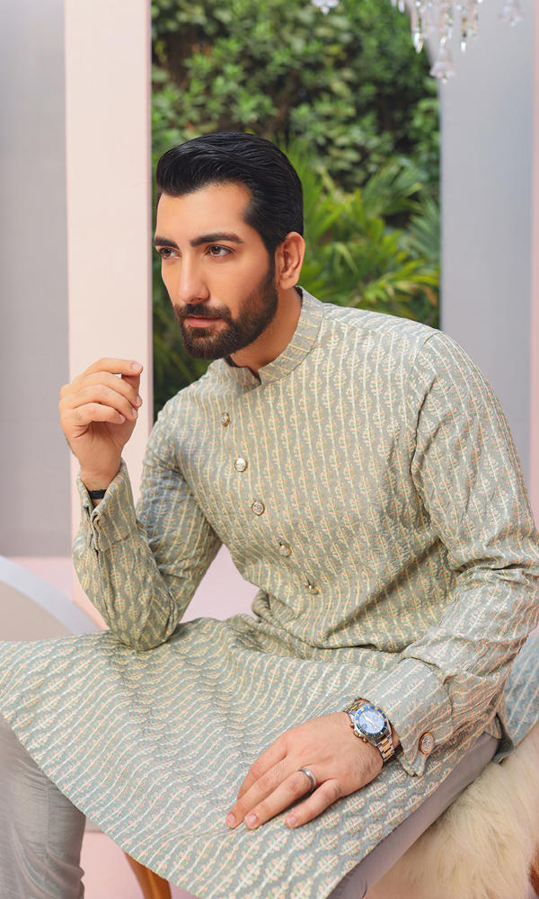 Sage Green Jacquard Kurta Pajama (2-Piece) - Image 7