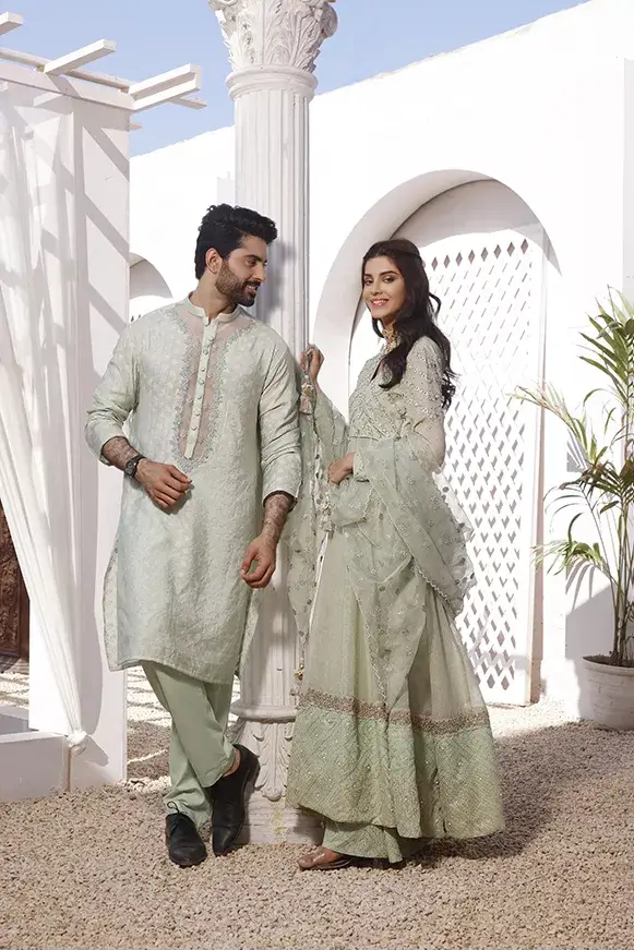 Mint Green Embroidered Cotton Khaddi Kurta Pajama (2-Piece) - Image 1