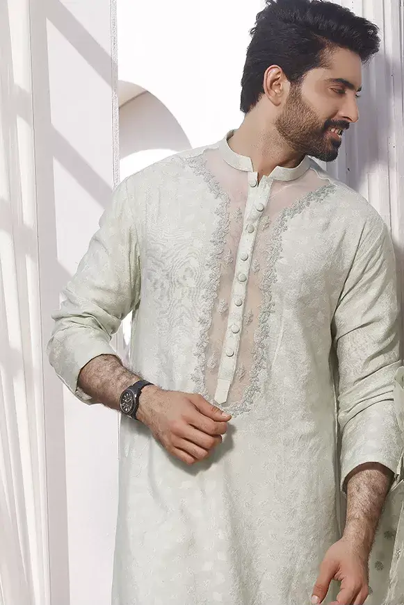 Mint Green Embroidered Cotton Khaddi Kurta Pajama (2-Piece) - Image 2