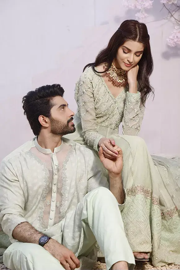 Mint Green Embroidered Cotton Khaddi Kurta Pajama (2-Piece) - Image 3