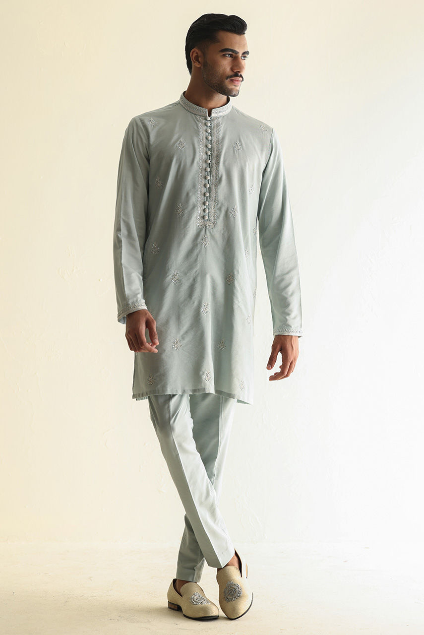 Pale Sage Handworked Khaddi Silk Kurta Pajama (3-Piece) - Image 2