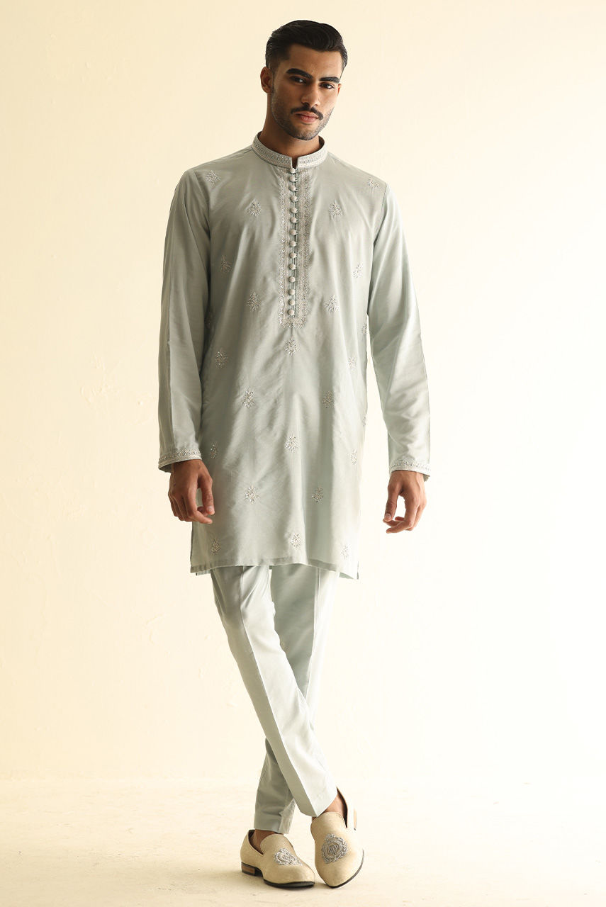 Pale Sage Handworked Khaddi Silk Kurta Pajama (3-Piece) - Image 3