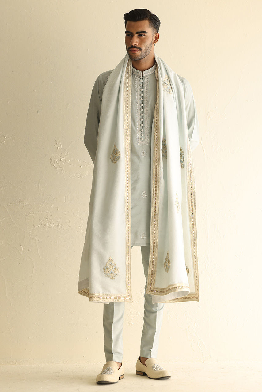 Pale Sage Handworked Khaddi Silk Kurta Pajama (3-Piece) - Image 4