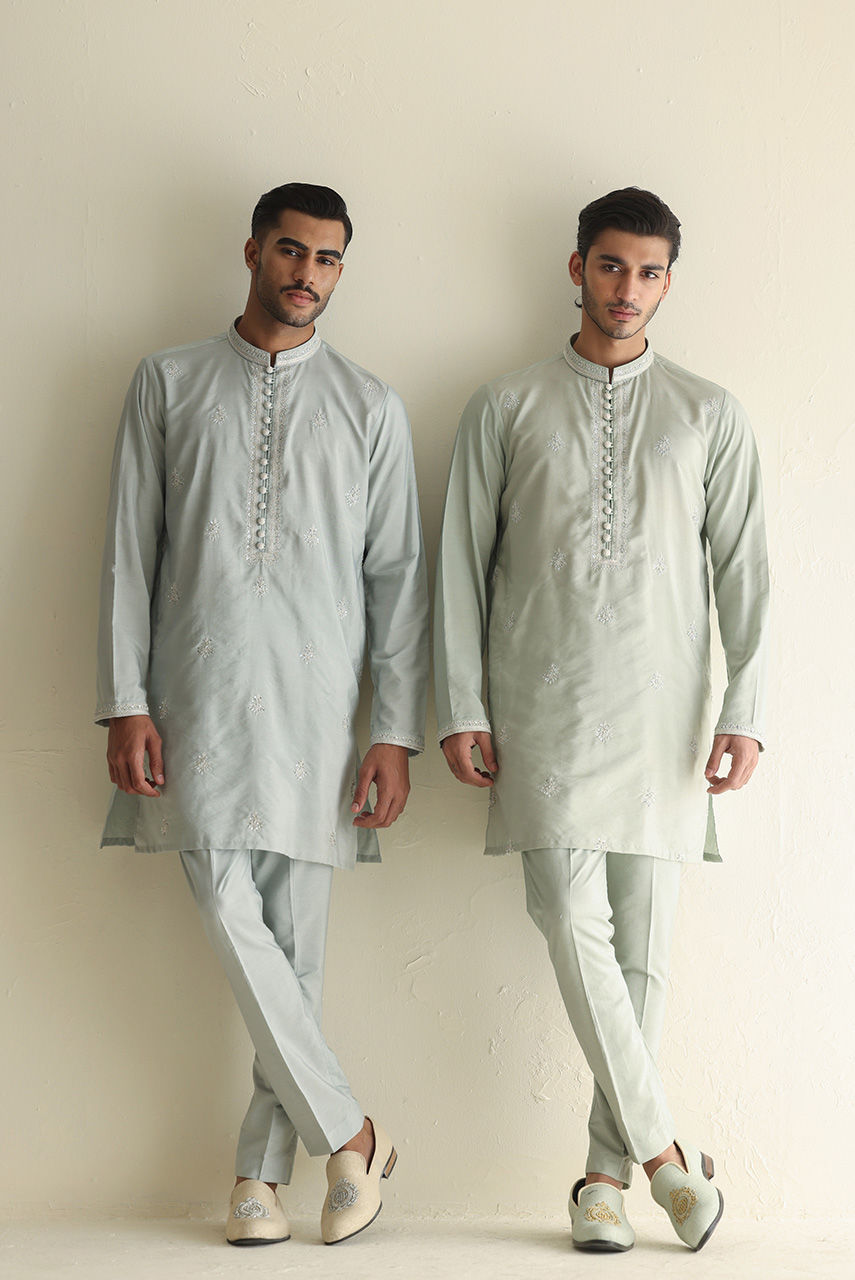 Pale Sage Handworked Khaddi Silk Kurta Pajama (3-Piece) - Image 5
