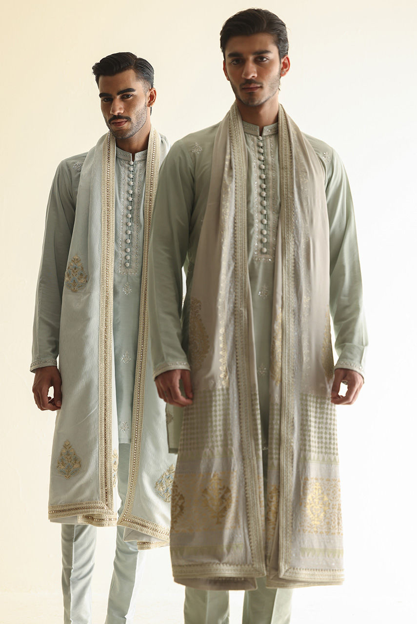 Pale Sage Handworked Khaddi Silk Kurta Pajama (3-Piece) - Image 6