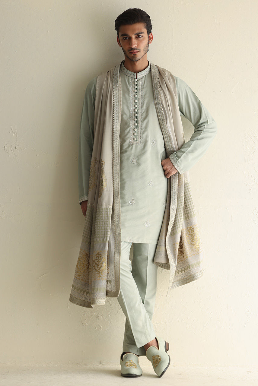 Sage Green Hand Embroidered Khaddi Silk Kurta Pajama (2-Piece) - Image 1